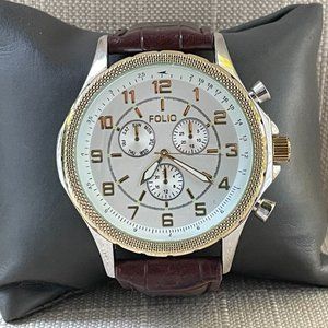 Folio Men Wristwatch Gold/Silver Tone Case Brown Faux Leather band Watch